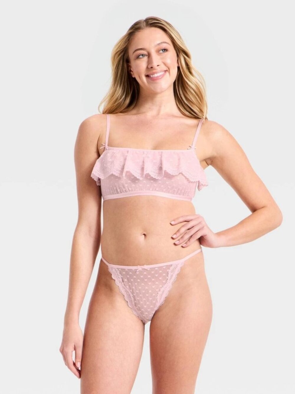 #2469 Women's Heart Lace Bralette & Cheeky Set - Wild Fable™ Light Pink M